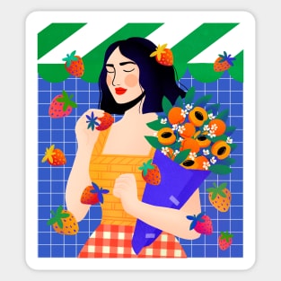 Strawberry Picnic girl with Peach bouquet Sticker